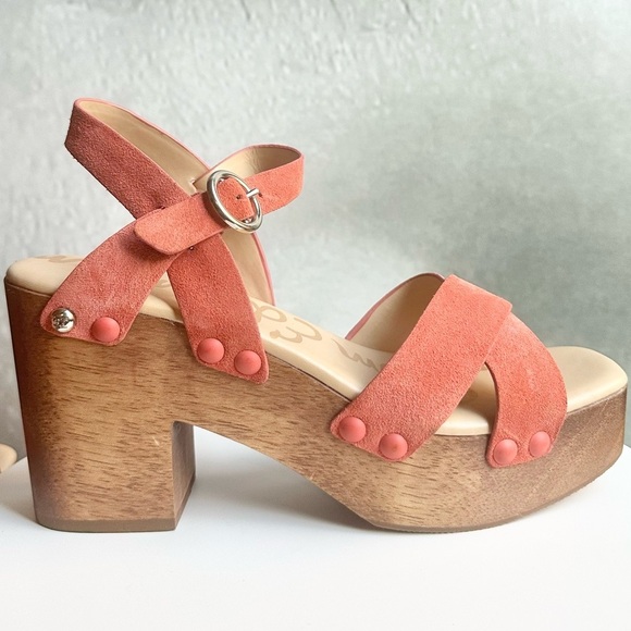 🌸SAM EDELMAN 🌸 Josefina Orange Suede Platform Wooden Sandals Size: 8.5 - Picture 2 of 12
